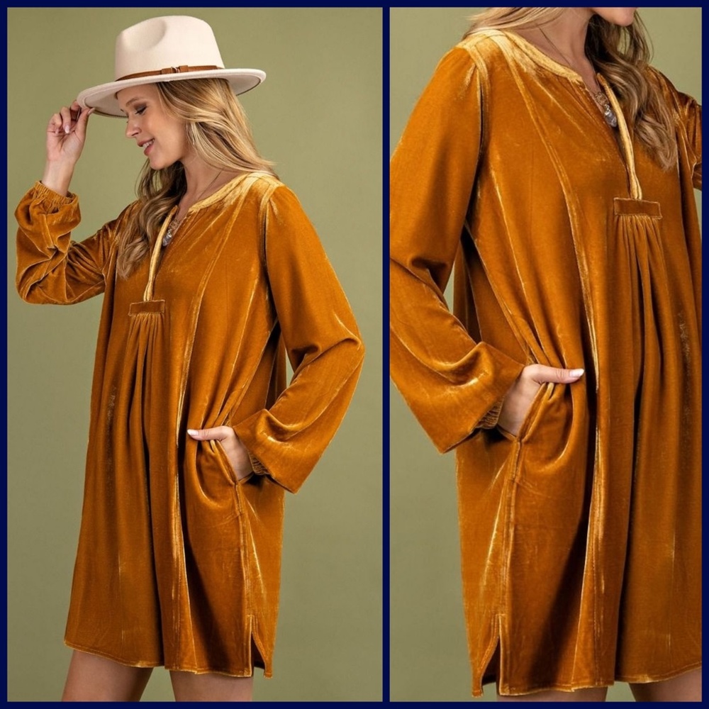 EASEL Long Sleeve Luxury Soft Velvet V-Neck Dress With Balloon Sleeve & Pockets - Picture 2 of 16